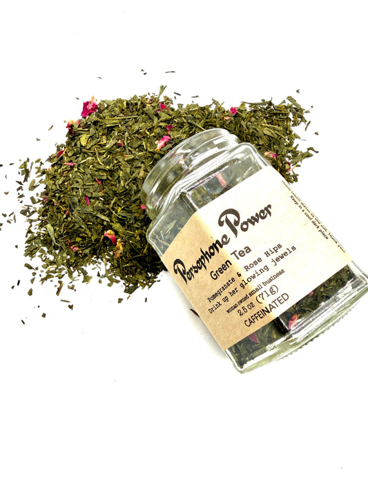 Persephone Power – Pomegranate Rose Green Tea (Caffeinated)